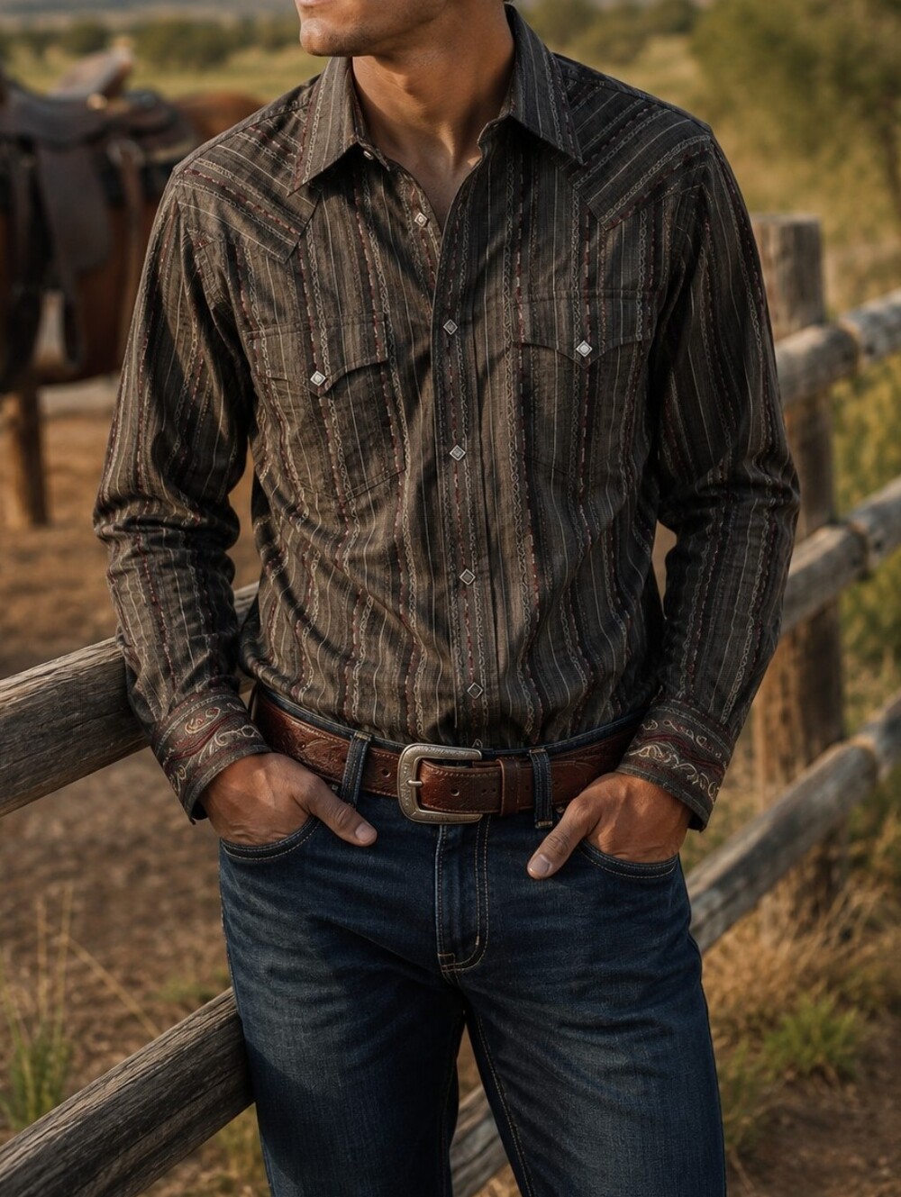 Panhandle Men's Olive Brown Striped Embroidered Western Shirt 100% Cotton Rodeo